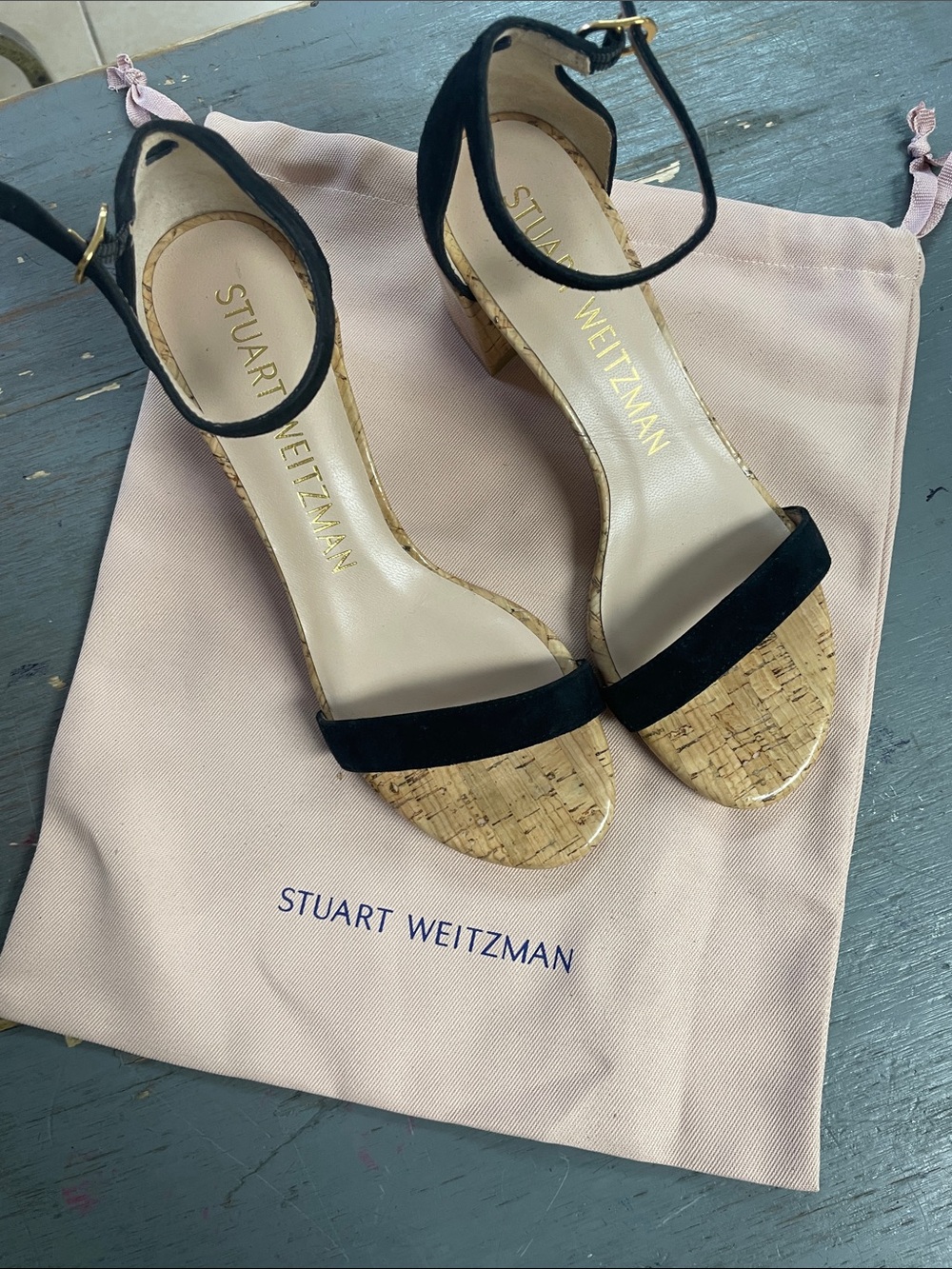 Stuart Weitzman Black Suede Cork Block Heel Sandals with Ankle Strap